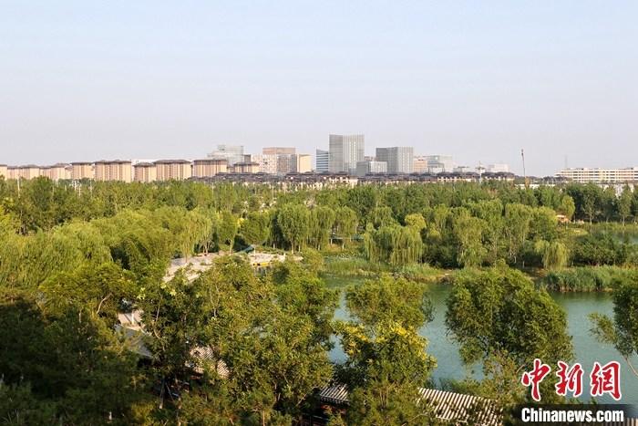 從完成頂層設(shè)計(jì)到如火如荼大規(guī)模建設(shè)，六年來(lái)，雄安新區(qū)如春天的竹子一般拔節(jié)生長(zhǎng)，這座承載千年大計(jì)的“未來(lái)之城”已雄姿初顯。從“一張白紙”開(kāi)始著墨，如今的雄安新區(qū)已是濃墨重彩的“山水畫(huà)”。<a target='_blank' href='/'>中新社</a>記者近日走訪了雄安新區(qū)多地，從“藍(lán)綠金”三色感受這座“未來(lái)之城”的巨大變化。圖為7月18日拍攝的河北雄安新區(qū)金湖公園。 <a target='_blank' href='/'>中新社</a>記者 易海菲 攝